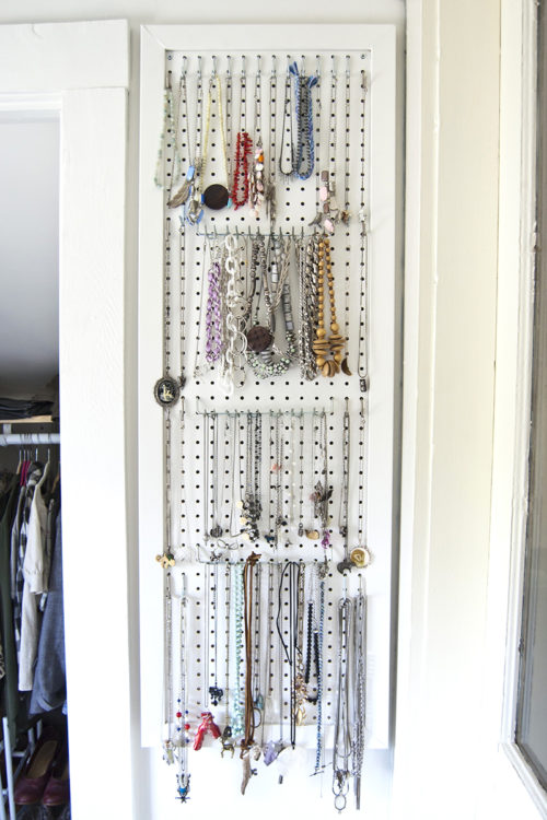 DIY pegboard jewelry storage