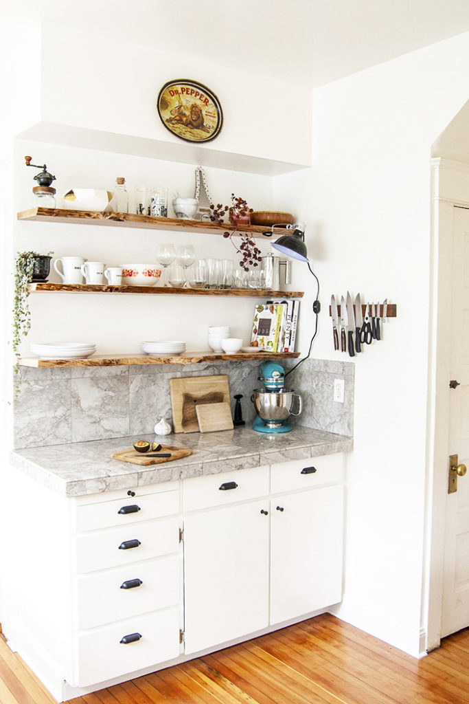 DIY kitchen makeover: white cabinets and open shelves