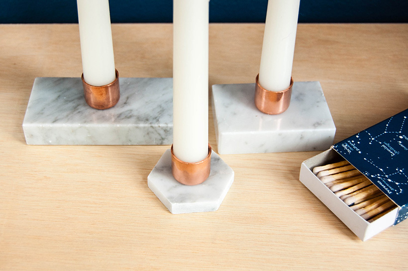DIY marble and copper candleholders