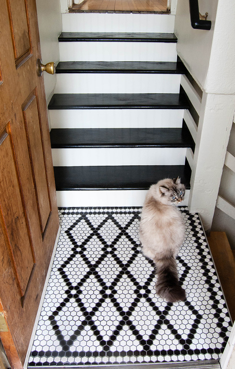 Painted black and white stairway makeover