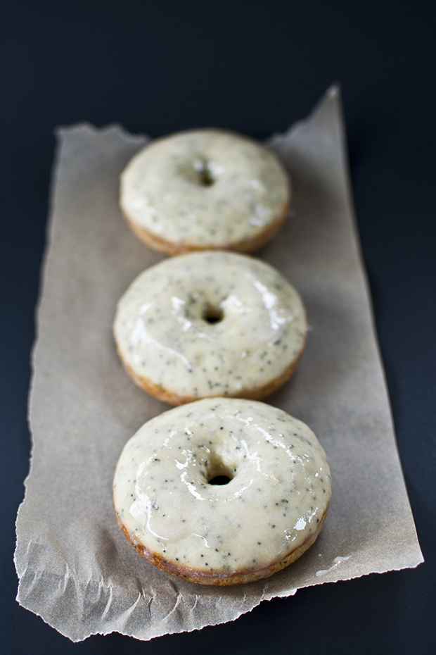Baked Lemon Poppyseed Donuts with Rhubarb Glaze