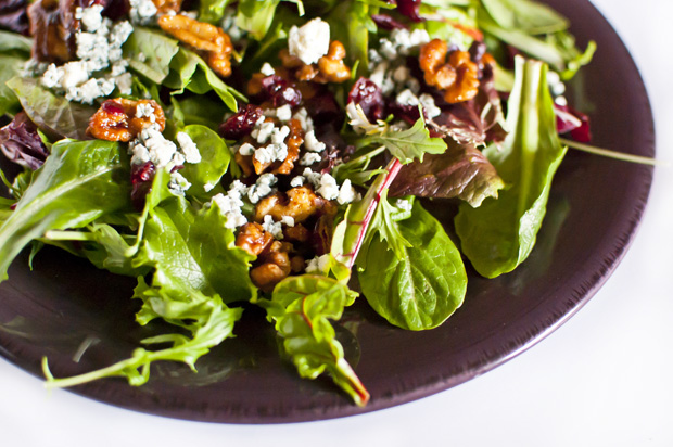 spiced maple glazed walnuts + salad with blue cheese, walnuts, and cranberries