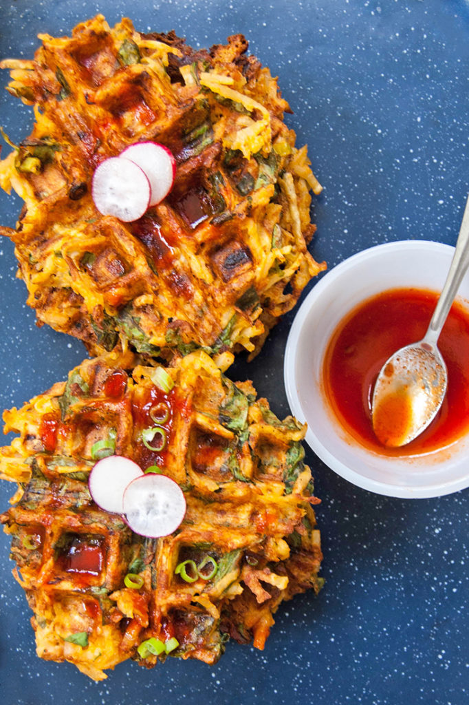 Soyrizo, Spinach, and Hash Brown Waffles with Sriracha Syrup