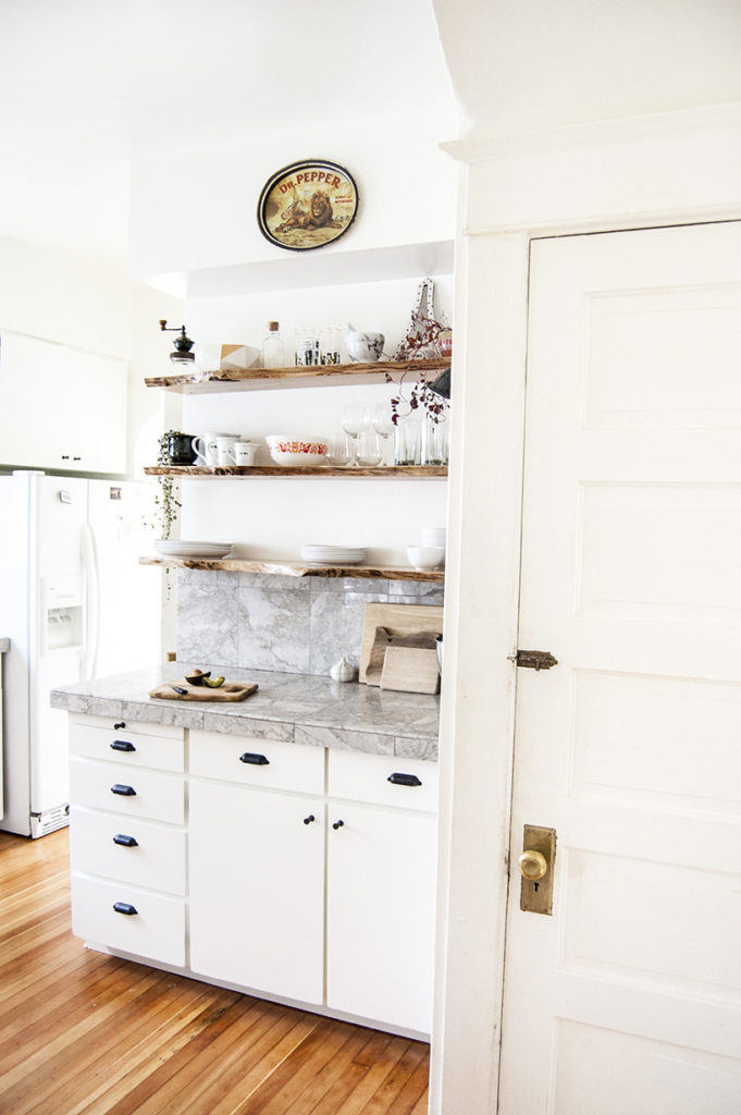 kitchen makeover: painted cabinets and open shelves