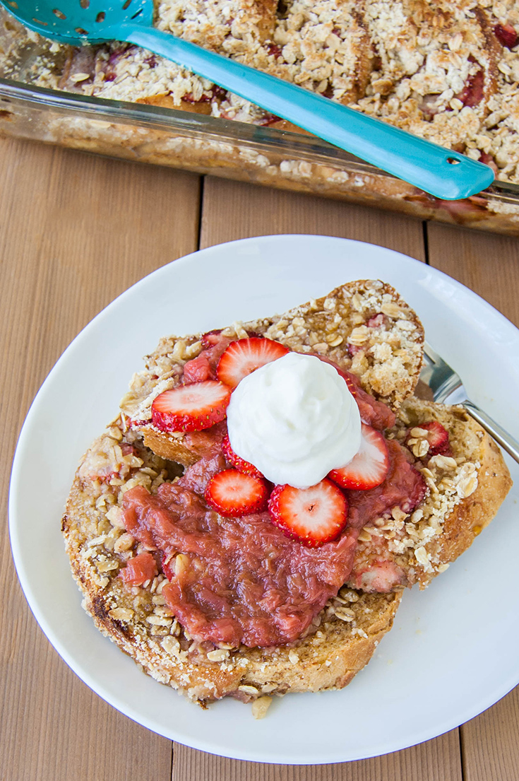 Traditional or Vegan Strawberry Rhubarb French Toast Bake. This is a great recipe for company, because you can make most of it the night before, then just pop it in the oven!