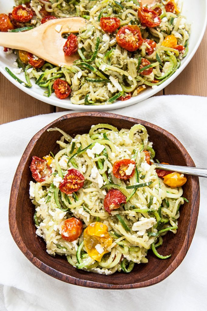 Roasted Tomato Pesto Zucchini Noodles - This plant-based, vegetarian dish is a healthy, fresh substitute for pasta.