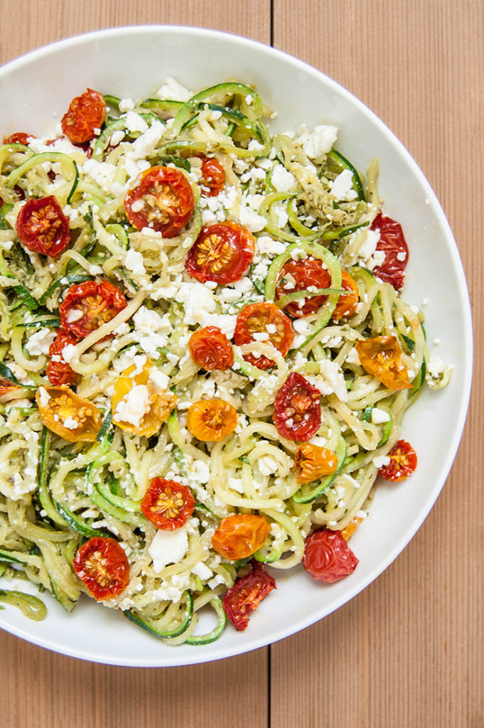 Roasted Tomato Pesto Zucchini Noodles - This plant-based, vegetarian dish is a healthy, fresh substitute for pasta.