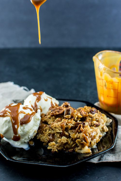 Apple crisp with slow cooker whiskey salted caramel sauce