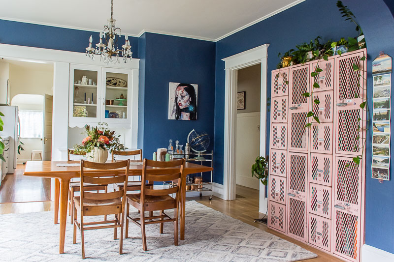 Navy blue and blush industrial mid-century dining room