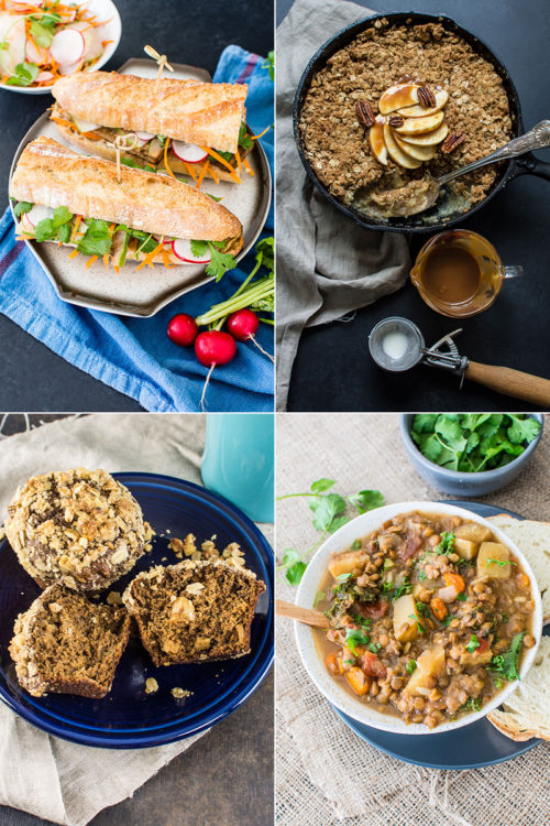 Tofu banh mi | Apple crisp with slow cooker whiskey salted caramel | Slow cooker lentil, kale, and carrot curry | Gingerbread apple muffins with walnut oat streusel topping 