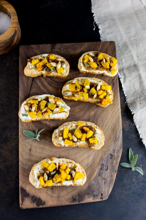 Fall appetizer: This caramelized onion, ricotta, and roasted squash bruschetta would make a great Thanksgiving appetizer