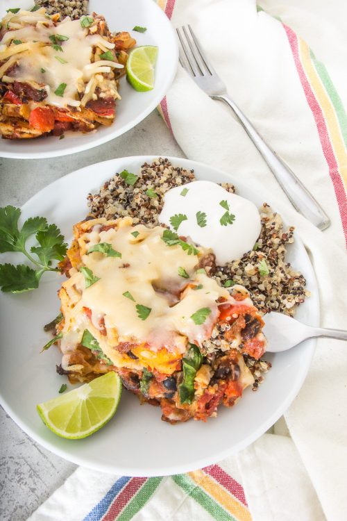 This black bean, squash, and spinach enchilada casserole is vegan and gluten-free, but full of flavorful veggies