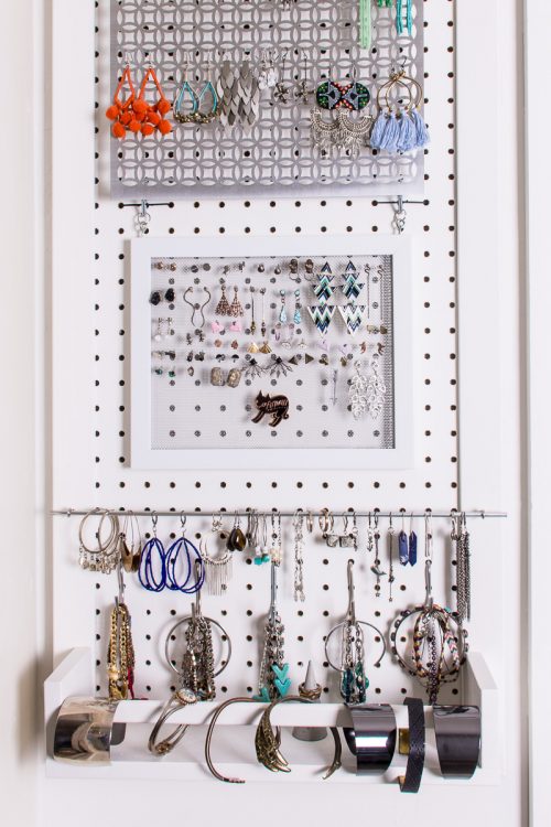 DIY jewelry storage solutions for how to store stud earrings, hoops, and earrings with hooks.