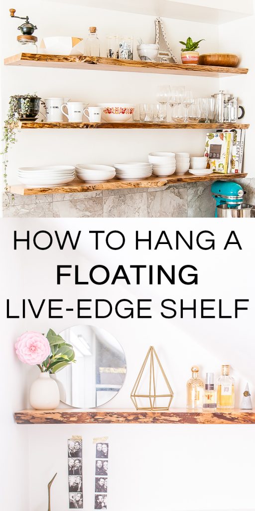 Learn how to hang solid wood floating shelves, perfect for hanging live-edge shelves. This is DIY that even a beginner can do! #DIY #floatingshelves #home #homdecor #homeDIY