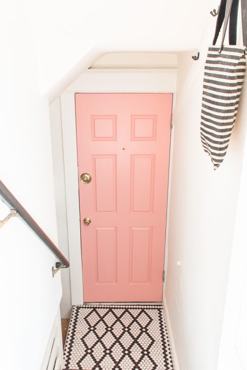 Jumping on the colorful door trend with my pink door. This door was terrible before, but paint made a big difference for the better! #pinkdoor #colorfuldoor