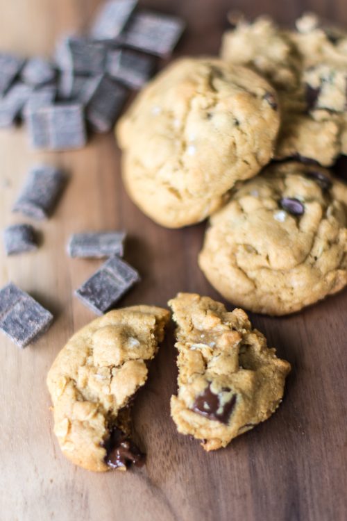 These vegan salted peanut butter chocolate chip cookies are decadent and delicious, and don't require any weird ingredients.